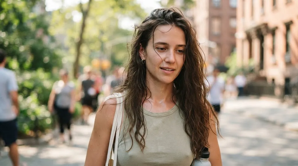 A detailed close-up shot showing how summer heat, humidity, and sweat affect long hair textures outdoors.