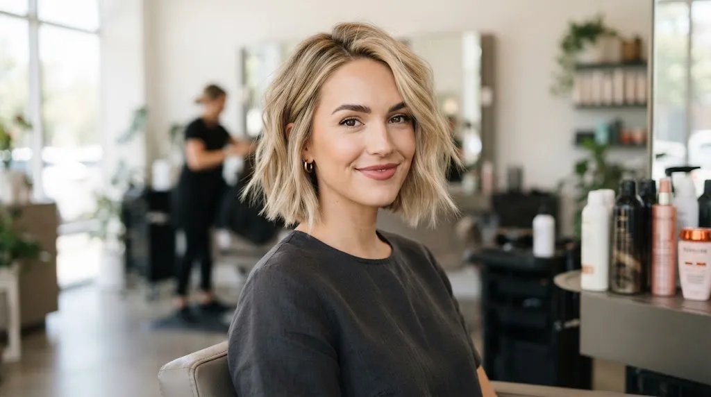 A stylish woman with a textured chin-length blonde bob haircut that adds width and balance to a slim face shape.