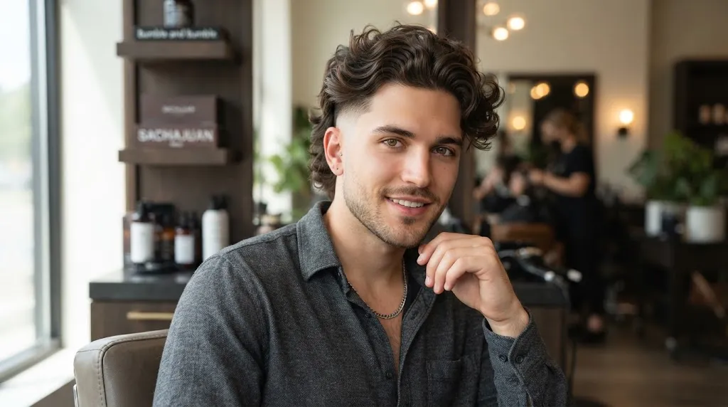 A stylish young man showcasing a modern wavy undercut haircut with a clean fade on the sides and textured waves on top