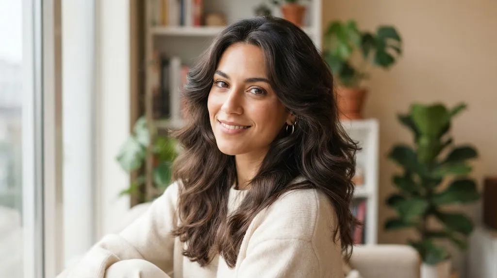 A person with thick hair showing bulky sides that need thinning or layering to achieve a balanced shape.