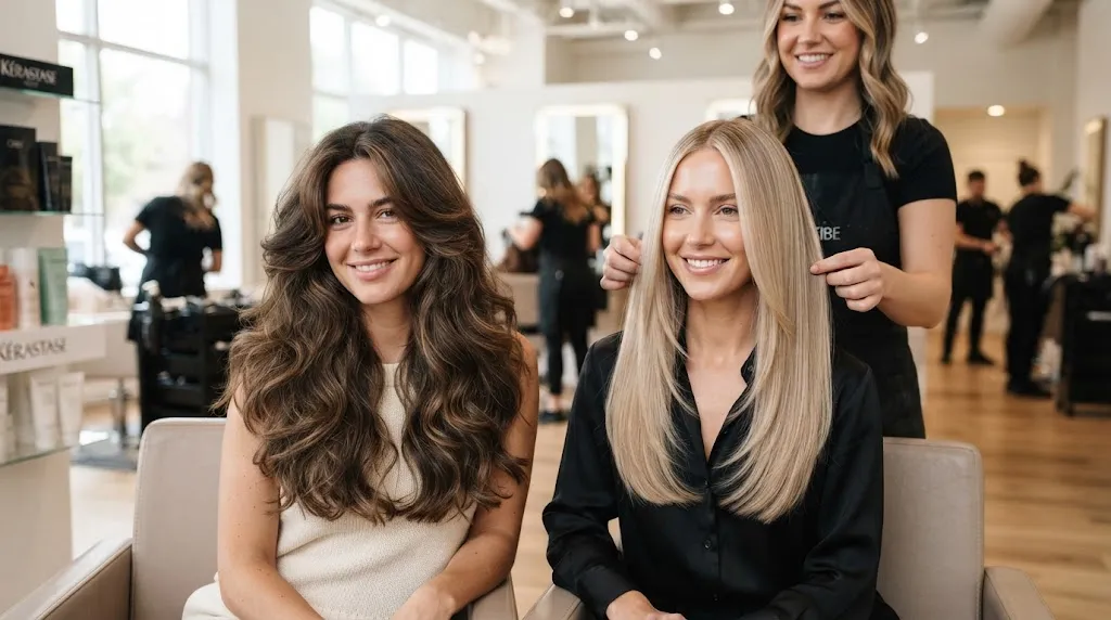 Professional salon comparison showcasing long layered hairstyles for thick versus thin hair types to flatter fuller face shapes.