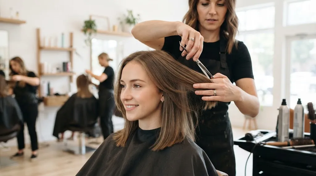 Professional salon view of long layered haircut for thin hair density creating volume and soft movement