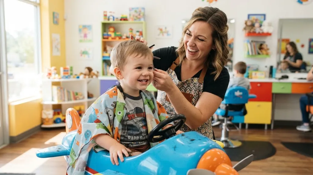 A happy toddler boy aged 2-5 years receiving a soft, low-fuss haircut in a modern children's barbershop.