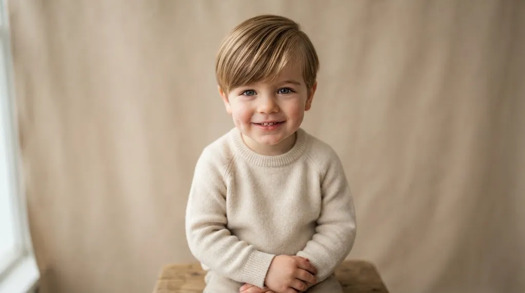 Real photo of a cute toddler boy with a clean side-swept fringe haircut against a neutral background in natural daylight