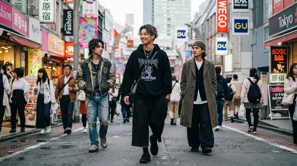 Stylish young Japanese men walking down a busy Tokyo street showcasing modern hairstyles and street fashion trends.