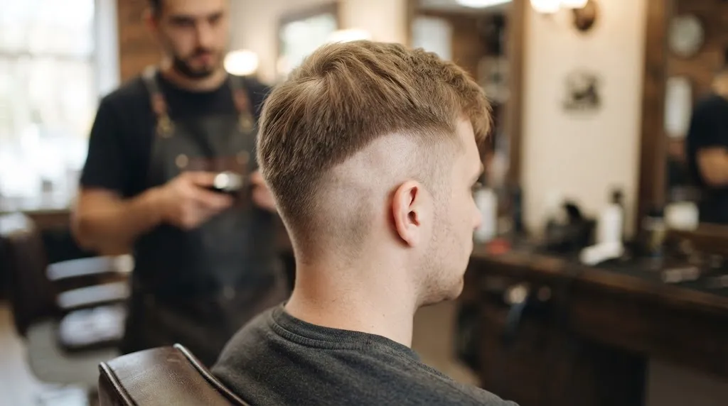 A close-up view of a haircut showing too much scalp visibility on the sides and back due to an overly high fade transition.