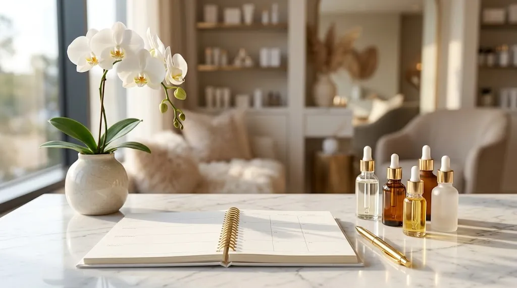 A serene aesthetic clinic desk with an open planner and luxury cosmetic care products representing a touch-up schedule