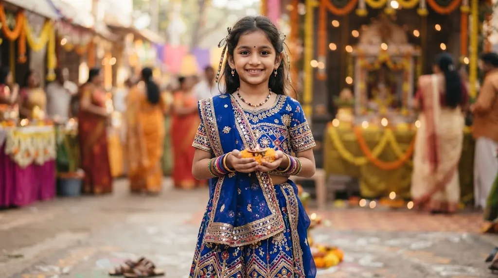 A young girl with a beautiful traditional hairstyle wearing an elegant ethnic frock in a festive setting