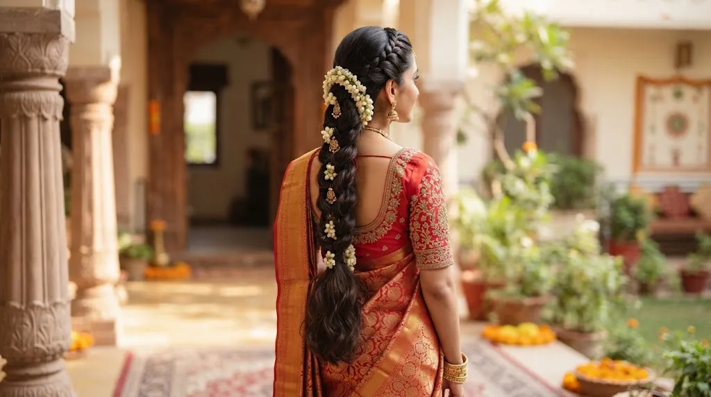 An elegant Indian woman viewed from behind, featuring a long, intricate traditional braid adorned with jasmine flowers and gold ornaments, wearing a red saree in a courtyard setting.
