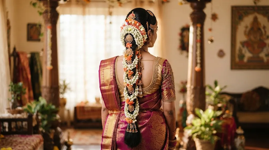 A beautiful traditional Indian floral braid hairstyle adorned with fresh jasmine and marigold flowers, styled for a saree.
