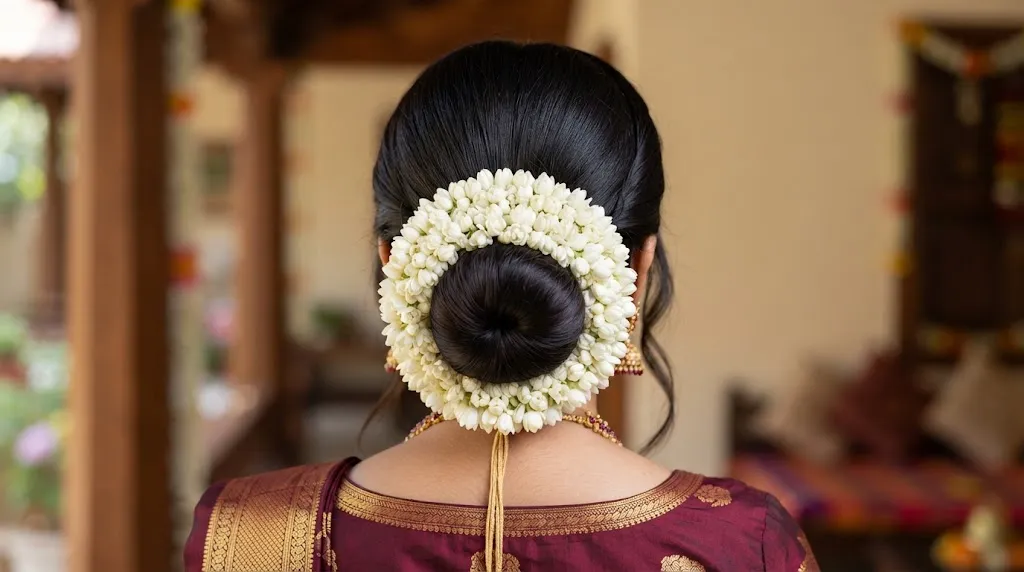 Back view of an Indian woman with dark hair styled in a neat bun completely encircled by a fresh white jasmine flower garland (gajra), wearing a traditional maroon silk saree and gold jewelry.