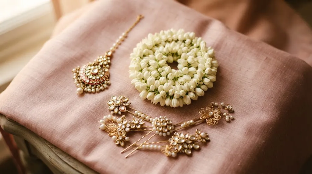 Elegant traditional Indian hair accessories including fresh gajra and floral pins for festive hairstyles
