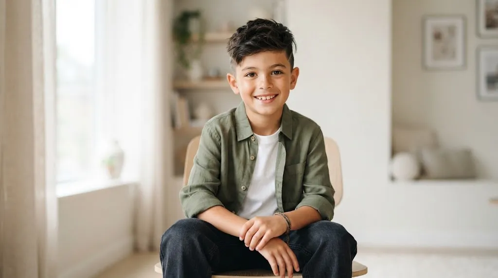 A stylish young boy showing a trendy modern haircut with a clean look and natural lighting