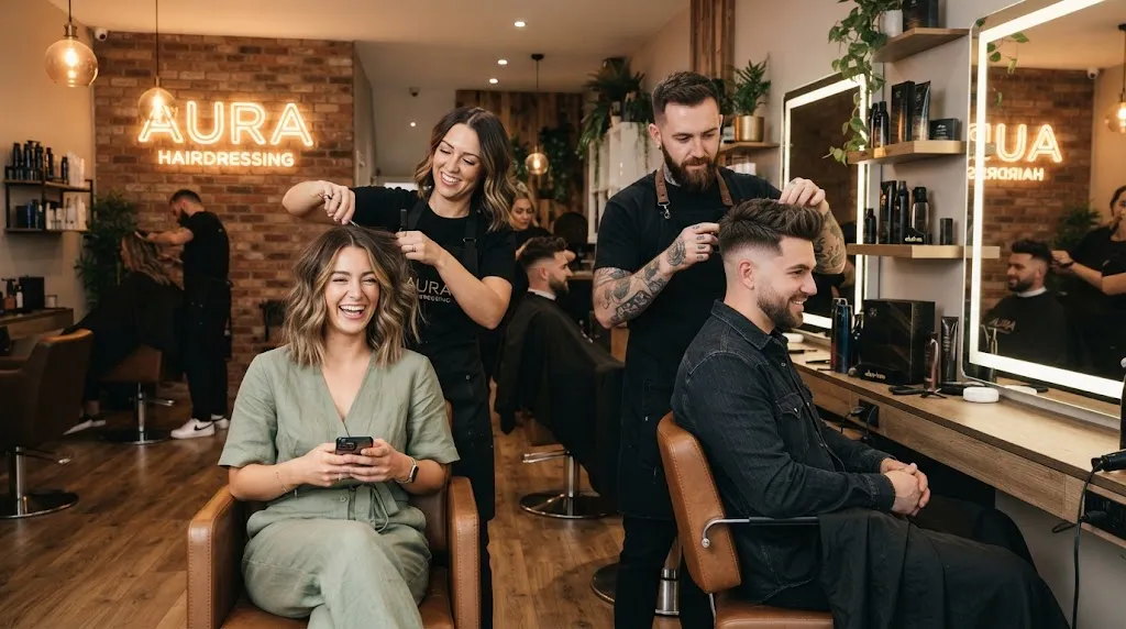 Professional modern hair salon showing trendy 2026 haircut styles and fresh cuts for women and men