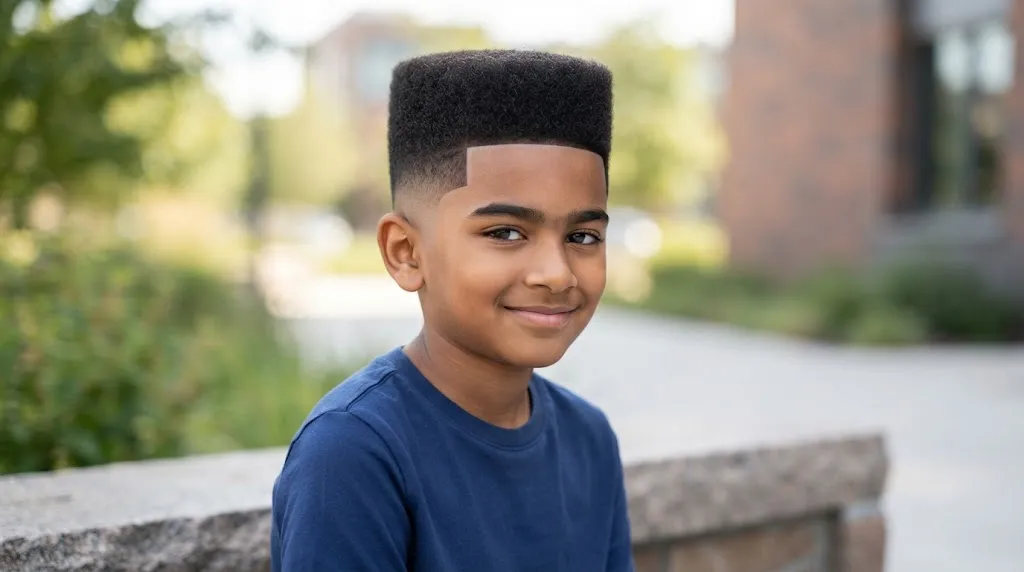 A young boy with a sharp, geometric Box Cut hairstyle and clean fades, smiling outdoors.