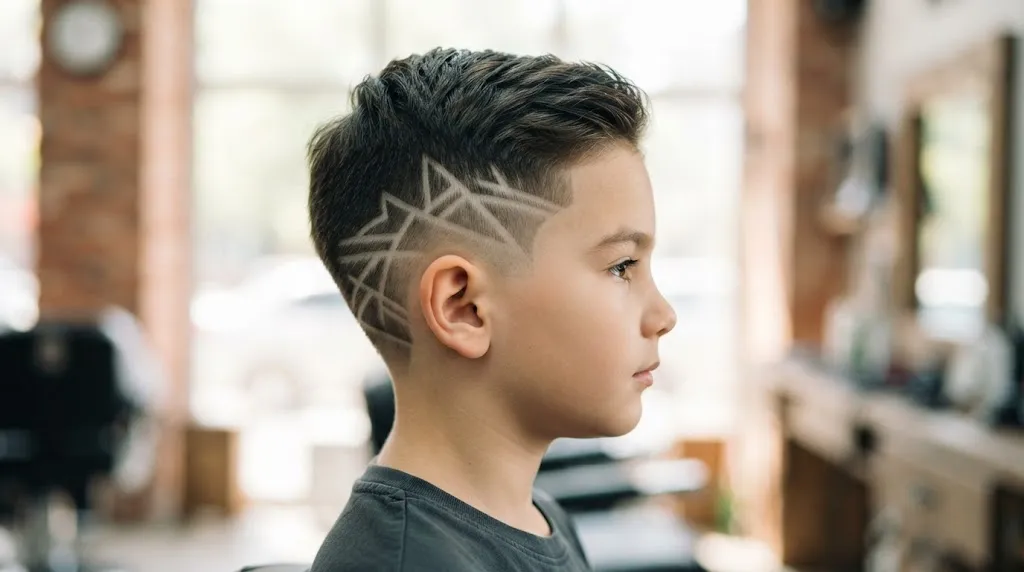Close-up side profile of a boy showing a modern undercut hairstyle with a shaved geometric line design