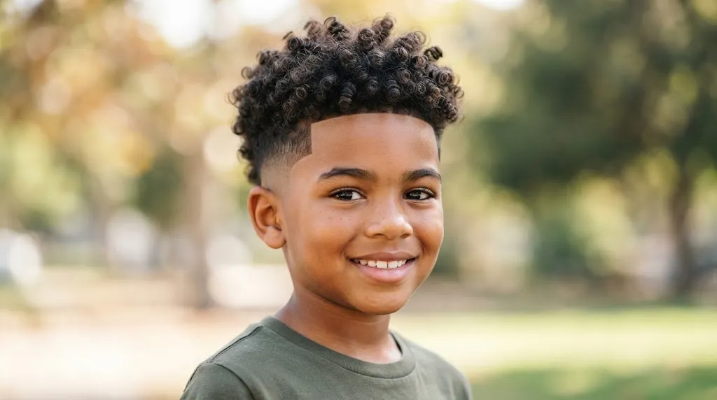 A stylish young boy showing off natural curly hair with a clean fade haircut for 2026