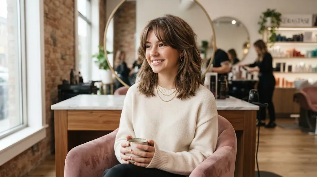 A trendy teenage girl with a stylish textured lob haircut and curtain bangs in a modern setting
