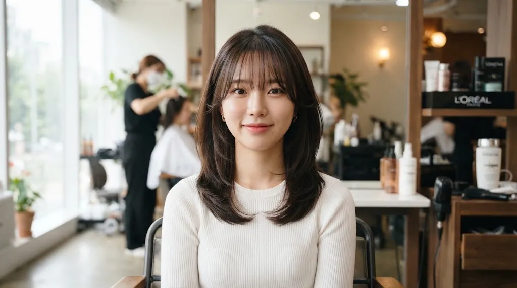 Close-up of a young woman showing a trendy Korean front hair cut with wispy see-through bangs and face-framing layers in a salon