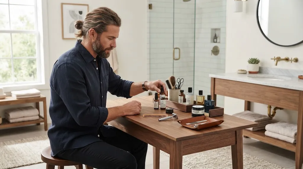 A well-groomed man managing and styling his long hair and beard, demonstrating practical solutions for common hair and facial hair maintenance problems.