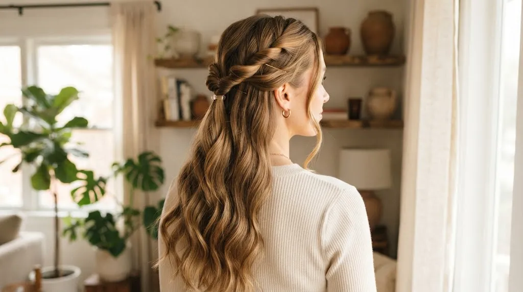 A stylish woman with long wavy hair wearing a neat twisted half-up hairstyle for casual and professional events