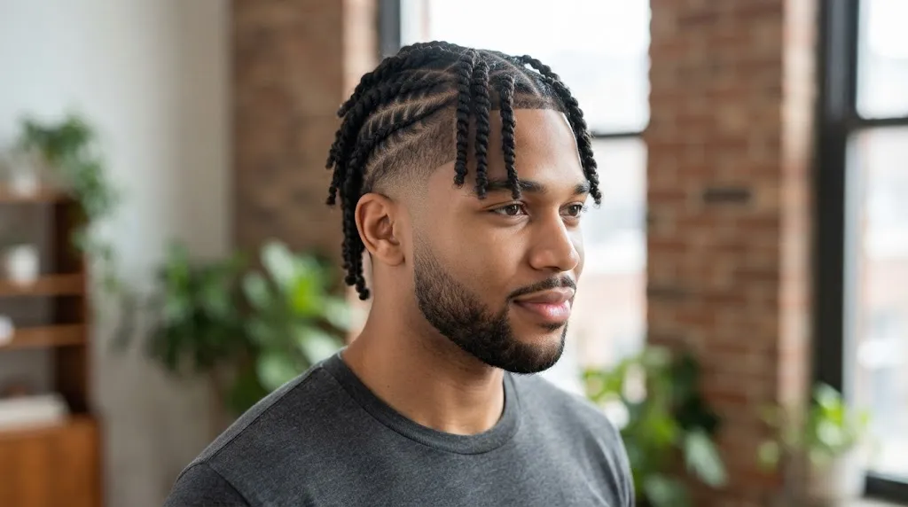 A stylish black man with neat cornrows on the sides transitioning into hanging two-strand twists and a clean fade haircut.