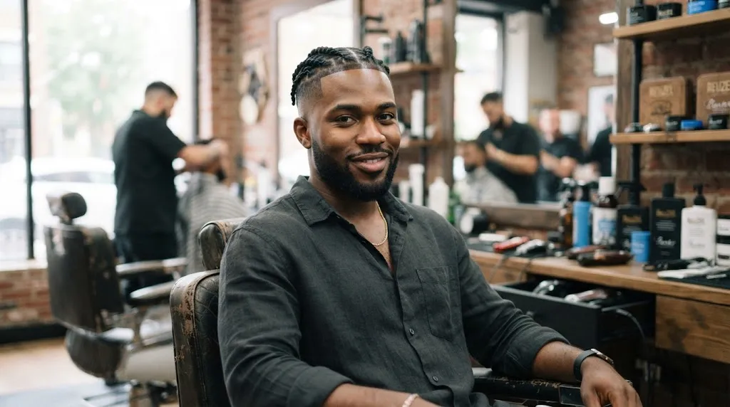 Young Black man showcasing neat two-strand twists paired with a sharp skin bald fade haircut
