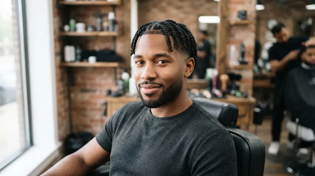 Black man with neat two-strand loc twists and a clean mid skin fade