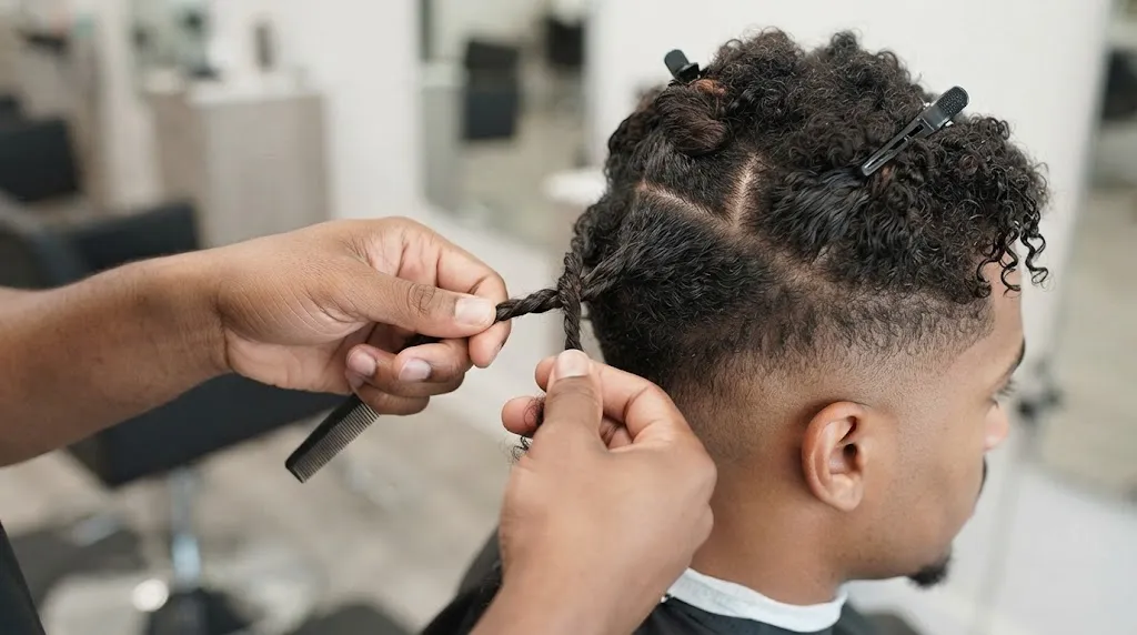 Professional stylist demonstrating the two-strand twisting technique on damp textured hair in a modern salon