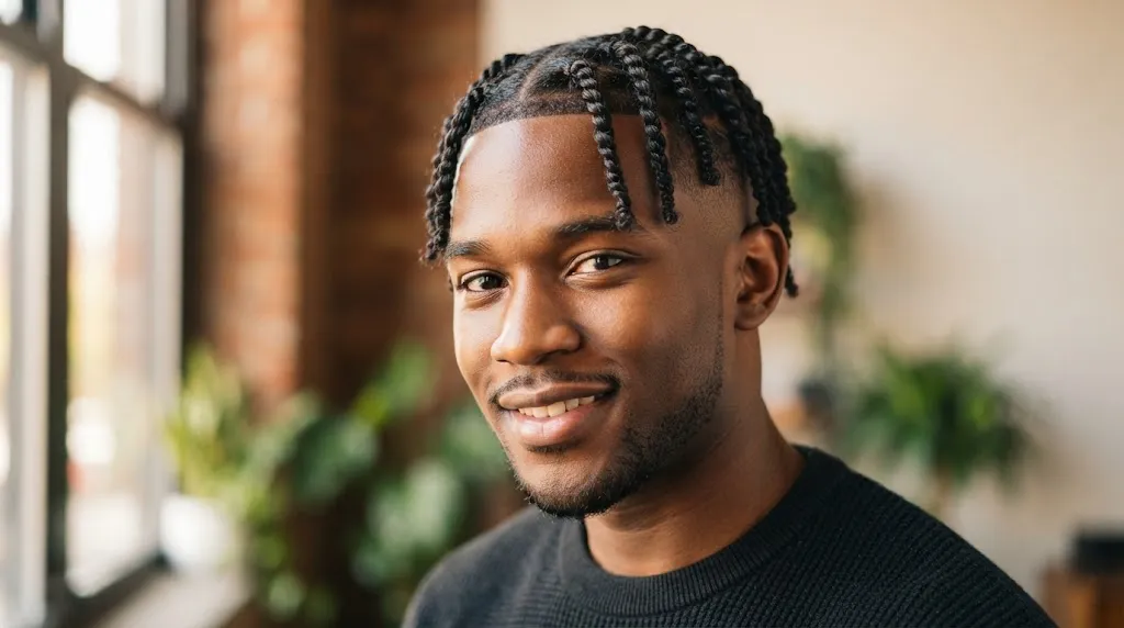 A young Black man with neat two-strand twists on short hair paired with a sharp mid skin fade