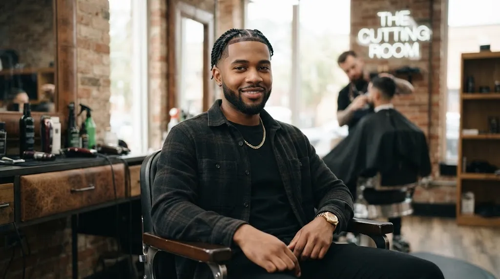 A young Black man showcasing neat two-strand twists on top paired with a clean mid fade haircut