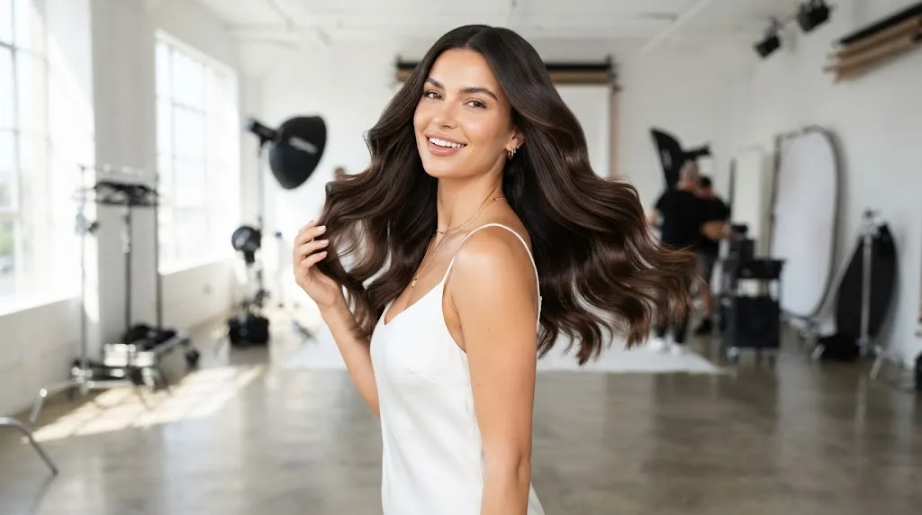 Professional hair model showcasing various commercial styling techniques in a modern studio setting for brand campaigns.