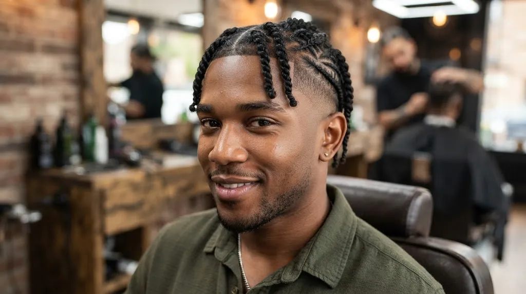 Professional close-up of a young Black man showing clean two-strand twists and barrel twist techniques with a sharp mid skin fade.