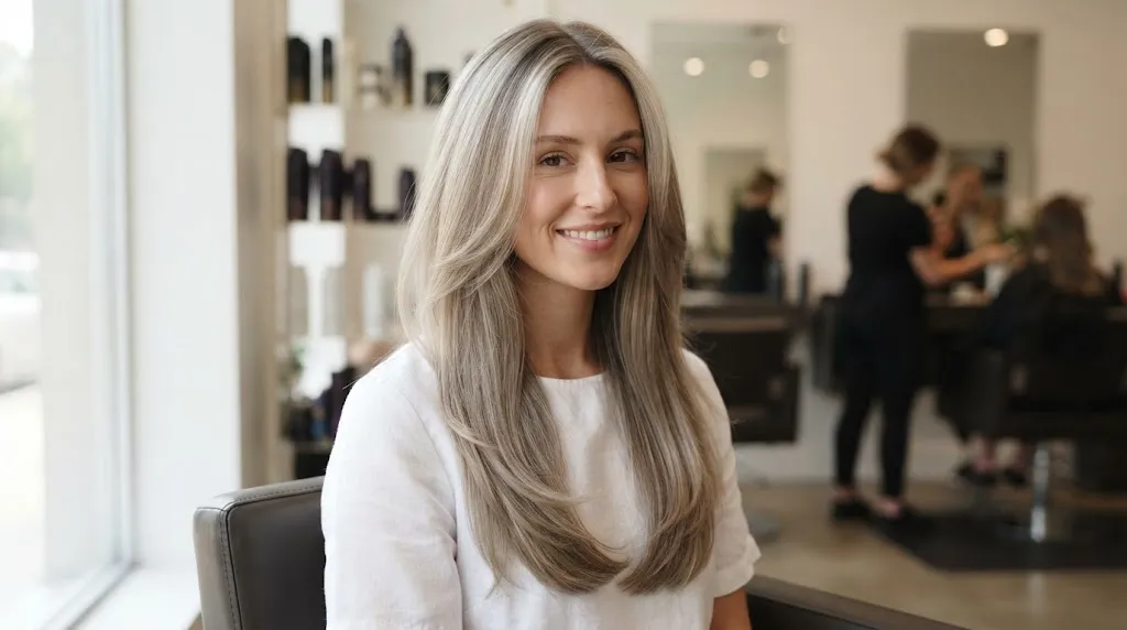A professional salon view of a woman with fine and thin long hair styled in a soft U-cut with gentle layers to maintain thickness.