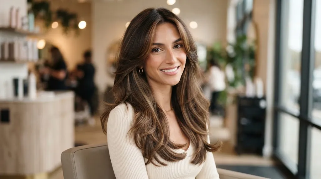 Woman with a long slim face shape showcasing a voluminous U-cut long hairstyle with soft face-framing layers to add width