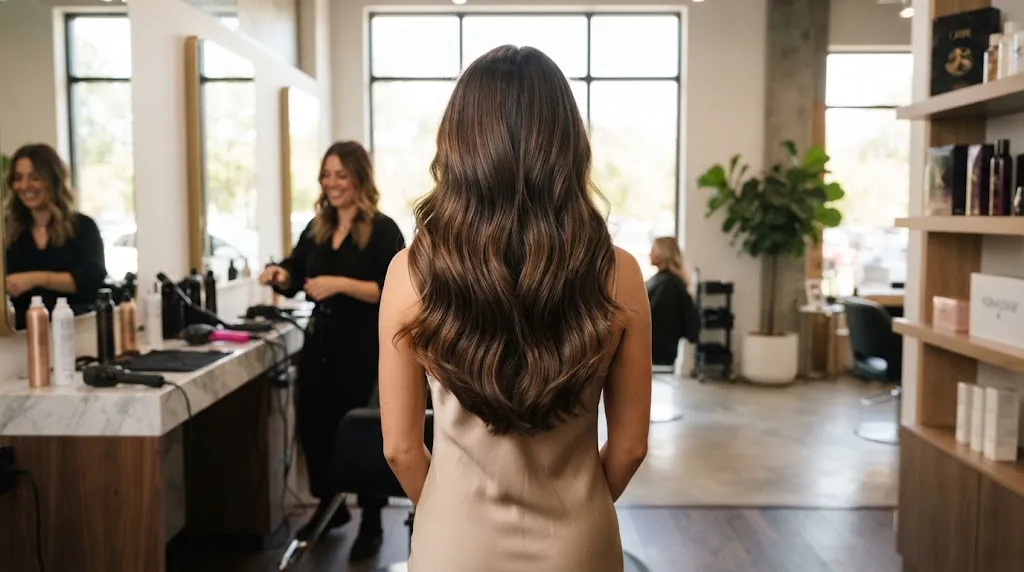 Professional salon styling of long thick hair with a soft U-cut hemline that removes bulk and adds bouncy movement