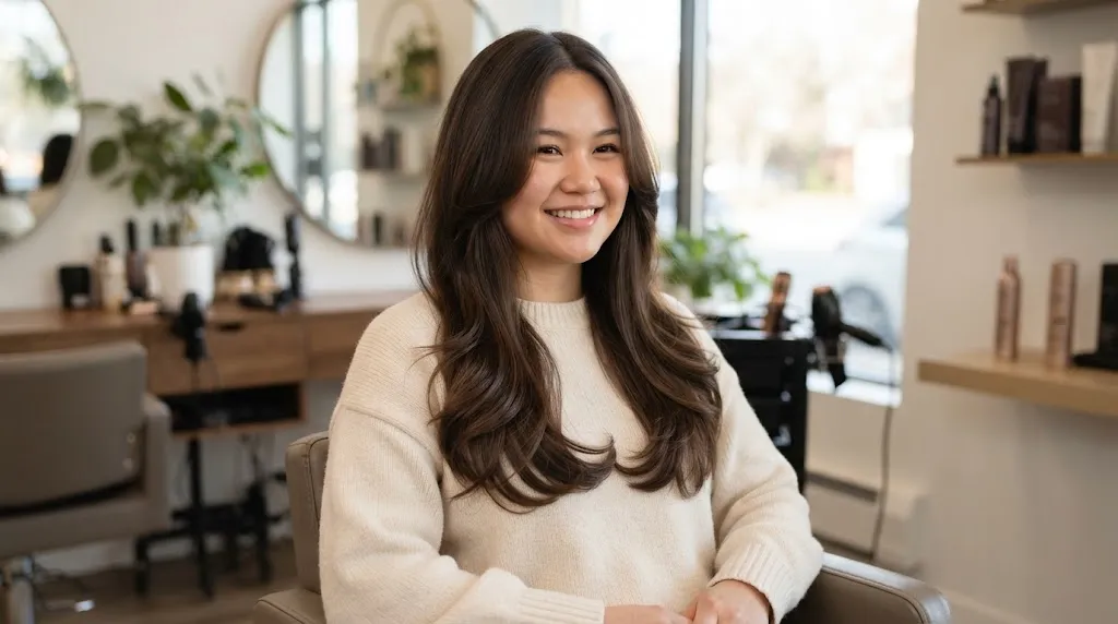 A smiling woman with a round face shape and long, dark brown hair styled in a beautiful U-cut with layers framing her face, seated in a modern salon.