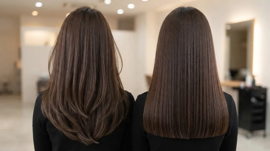 A rear view comparison of two women with long, dark brown hair, contrasting a soft U-cut on the left with a sharp blunt cut on the right in a salon setting.