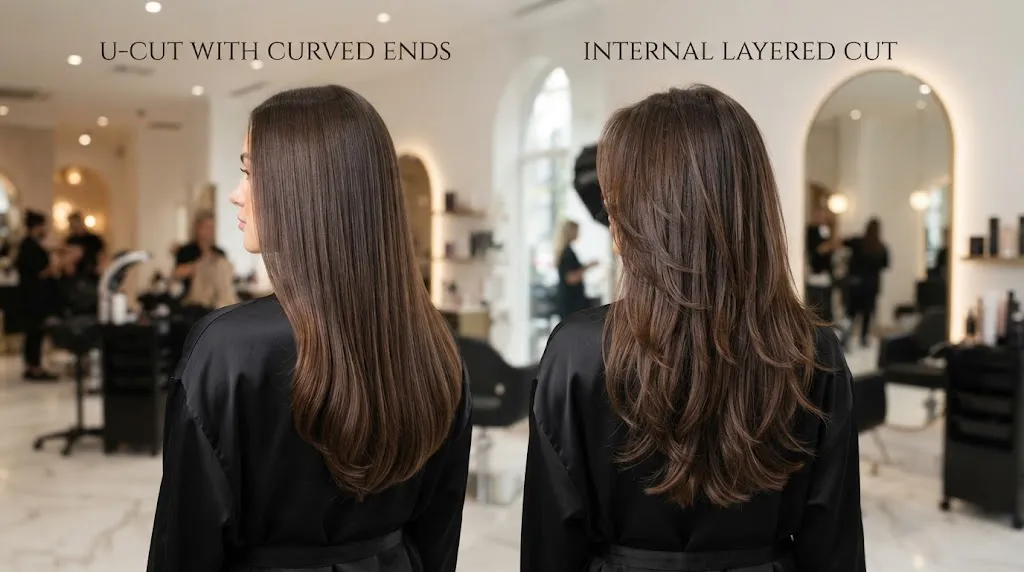 Comparison of a U-cut long hairstyle showing curved perimeter ends versus an internal layered cut in a professional hair salon.