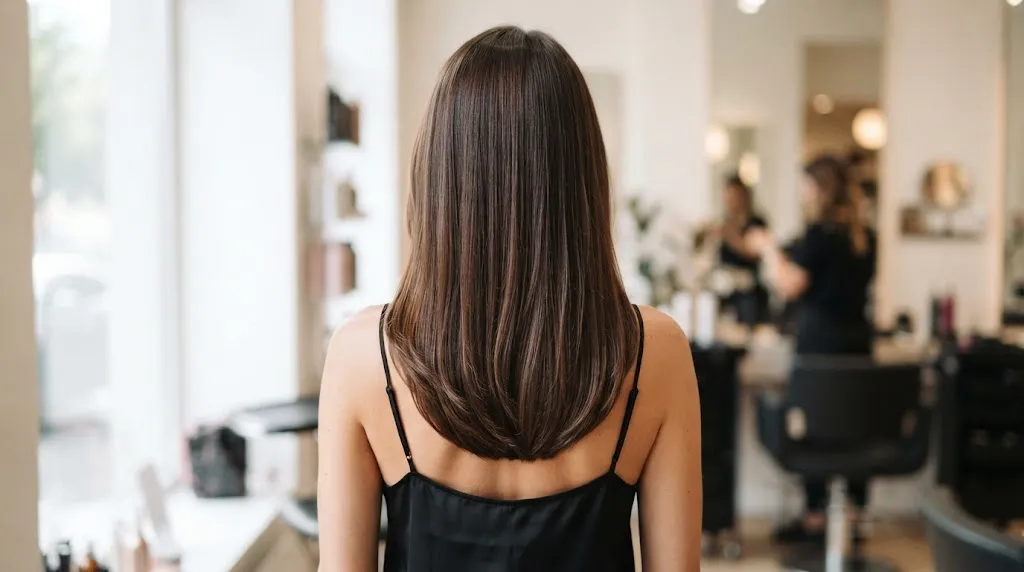 Back view of a woman with long, beautiful hair styled in a clean U-shaped haircut showing a soft rounded perimeter.