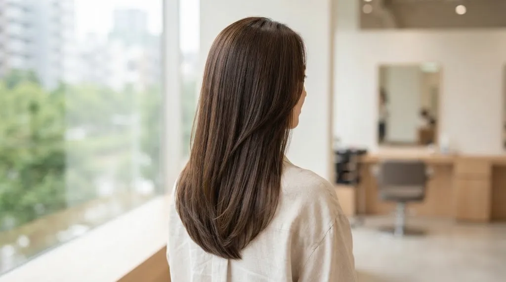Real photo of a woman showing a clean U-shaped haircut on long, smooth brown hair in a bright salon setting
