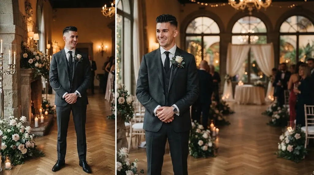 Stylish groom wearing a modern wedding suit featuring an undercut haircut with clean sides and textured top
