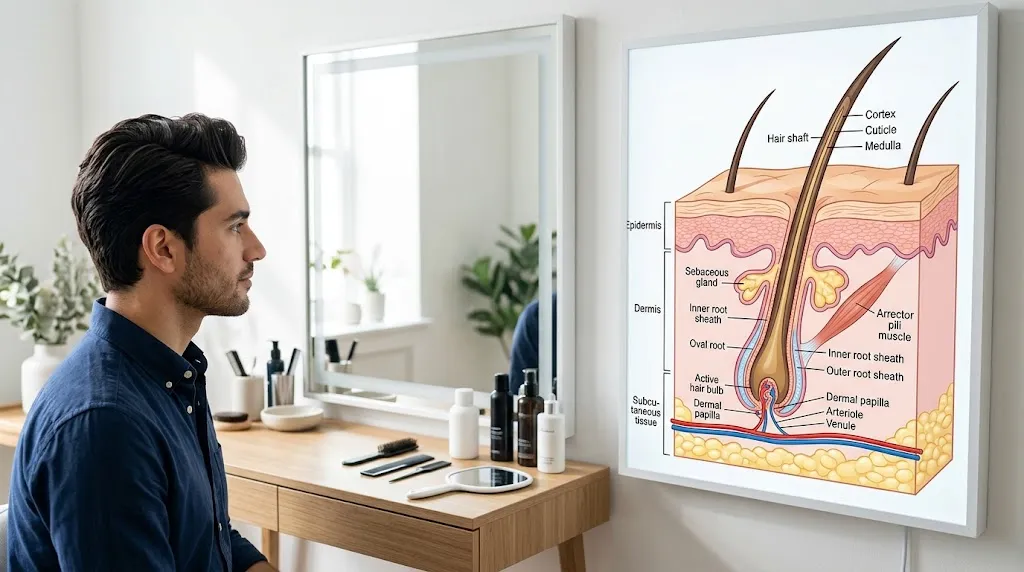 Close-up visualization of hair follicle structure under scalp showing why natural hair texture cannot be permanently changed without chemical treatments