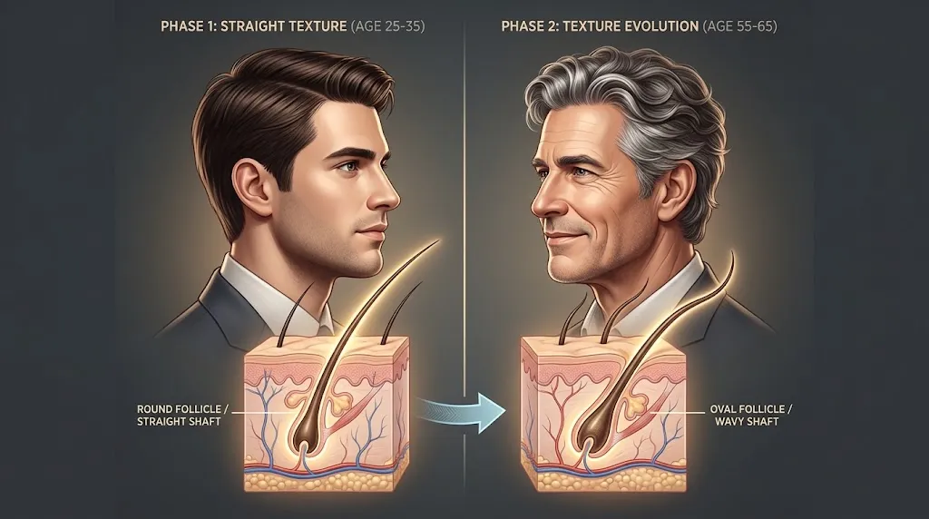Visual illustration showing male hair follicle transformation and hair texture shifting from straight to wavy due to aging and hormones