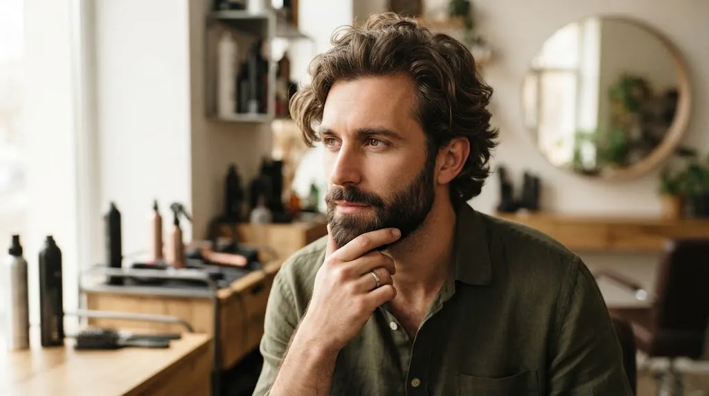 A stylish man with natural wavy hair and a groomed beard demonstrating how to work with your natural texture instead of forcing reference photos.