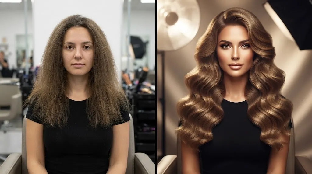 A side-by-side comparison showing natural hair texture versus a heavily edited studio photo with dramatic lighting and volume enhancement.