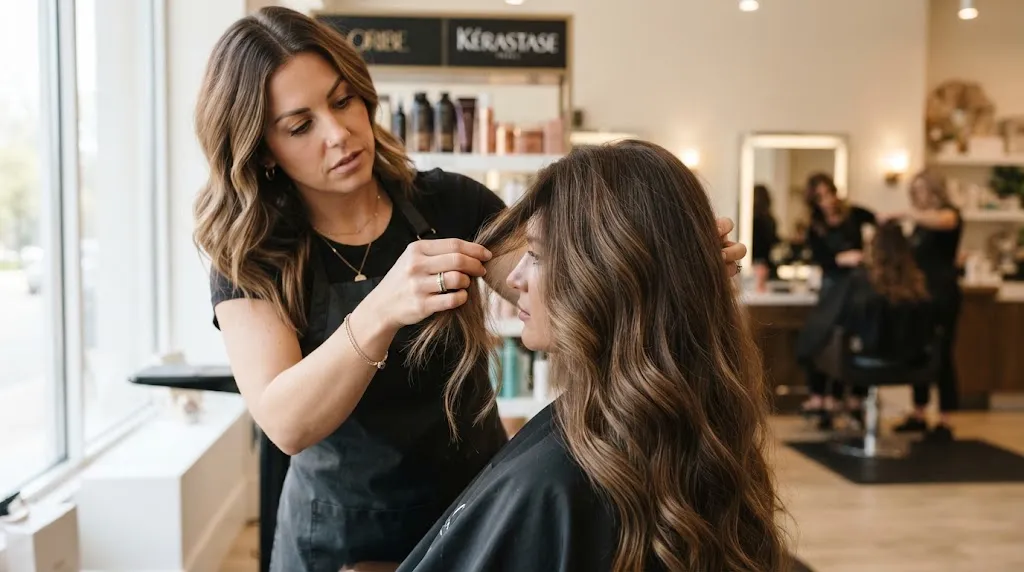 A professional hairstylist examining strand thickness and hair density on a client with long thick hair.