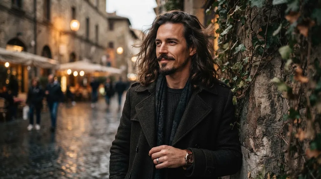 A stylish man showcasing a distinct Van Dyke beard combined with long flowing hair for a bold, artistic look