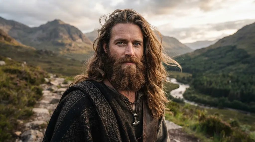 Man with a thick Viking beard and long flowing loose hair outdoors showcasing a rugged hairstyle