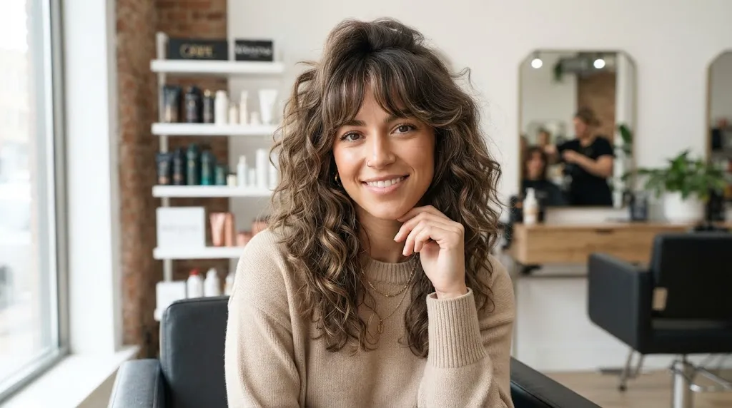 A person with fine hair showcasing volume at the crown and a textured shag-style trim designed to balance a wide forehead